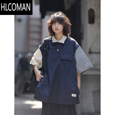 HLCOMAN日系复古撞色拼接衫短袖衬衫男女翻领宽松休闲情侣多口袋衬衣