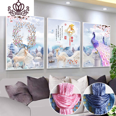 封后(FENGHOU)印花十字绣2019新款线绣客厅小幅孔雀麋鹿三联画自己刺绣手丝线-满绣单幅65*75cm-线量多