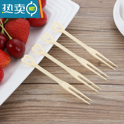 敬平水果叉 /水果签/彩色塑料小叉子/点心叉KTV果盘牙签叉 黄色简装 爱心叉3000支