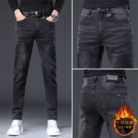 欧货高端黑灰牛仔裤男秋冬季加绒潮牌修身简约弹力小脚休闲长裤男