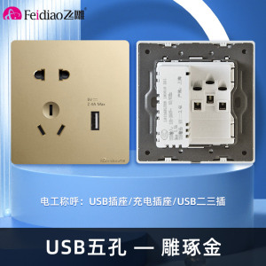 飞雕(FEIDIAO)开关插座暗装86型家用墙壁开关插座 大阪钢支架 雕琢优雅金系列 雕琢金五孔带一位USB