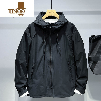 YANXU纯色简约秋季冲锋衣男新款连帽宽松休闲男外套百搭潮流时尚夹克潮