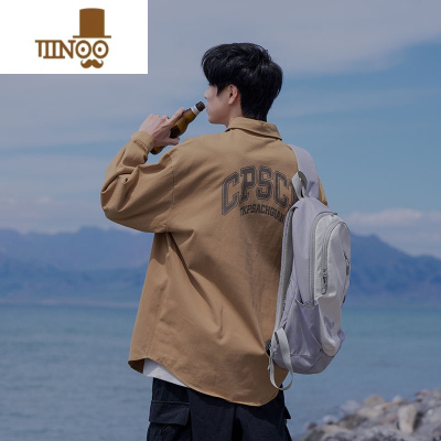 YANXU卡其色工装衬衫男日系复古潮牌长袖衬衣青少年休闲宽松外套