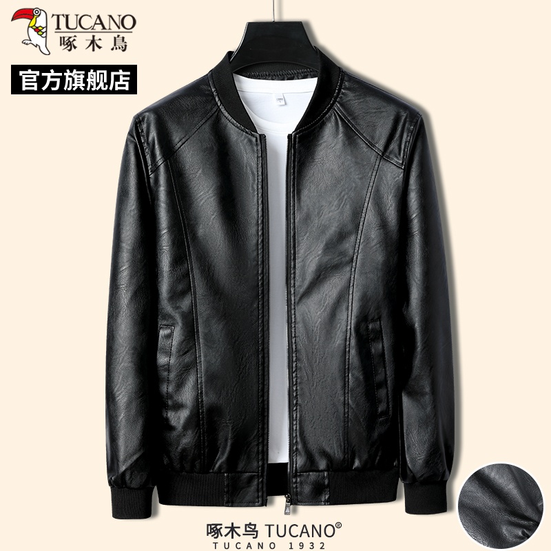 啄木鸟男士春季新款皮衣中年防风休闲爸爸装棒球领夹克外套上衣C