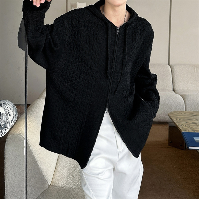 毛衣男春秋连帽针织开衫外套男日系慵懒风线衣宽松百搭双拉链毛衣