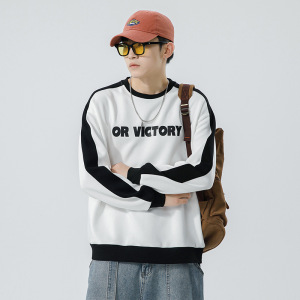 男士圆领卫衣春秋季韩版潮牌字母印花落肩款宽松休闲拼接长袖上衣