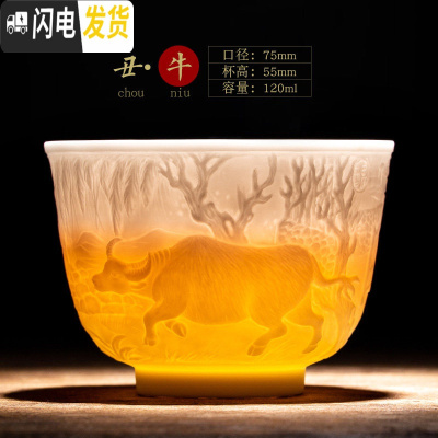 三维工匠景德镇陶瓷刻生肖主人杯单杯品茗茶杯功夫茶具个人礼品杯小茶碗 十二生肖之—牛