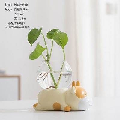 三维工匠创意鹿绿萝水培植物花瓶玻璃透明容器皿水养插花盆客厅装饰品摆件SP-米白萌牛