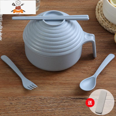 日式家用餐具小麦秸秆碗筷勺五件套装学生宿舍大号带盖塑料泡面碗 北欧蓝5件套+收纳盒 敬平