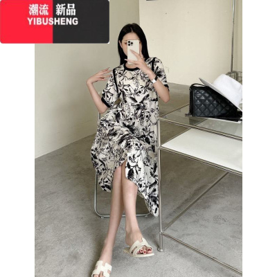 YIBUSHENG[俏皮日风]2024季新款薄款女减龄大气碎花中长连衣裙IU-7098