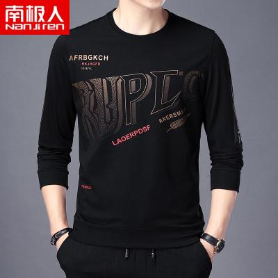 南极人男士长袖T恤黑色卫衣圆领秋季薄款打底衫潮流印花男装修身