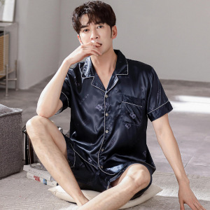 夏季男士冰丝睡衣开衫翻领短袖加肥加大码仿真丝套装家居服可外穿