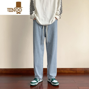 YANXU复古阔腿牛仔裤男宽松直筒百搭2023夏季新款高街松紧腰休闲长裤子