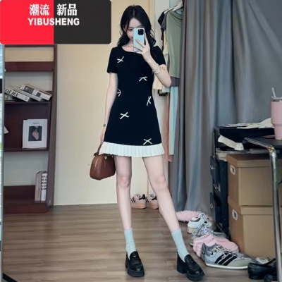 YIBUSHENG法式赫本风黑色蝴蝶结连衣裙子女季2024新款小个子拼接公主短裙