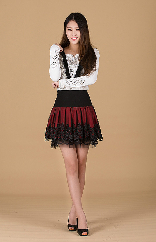 暖青汇大码女装半身短裙百褶蓬蓬蕾丝裙松紧腰高腰显瘦