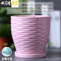 三维工匠陶瓷花盆带陶瓷托盘特大号大号简约家用绿萝吊兰花盆 HY70006-06水纹粉 特大花盆容器