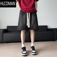 HLCOMAN夏季男士牛仔短裤ins美式水洗刺绣裤子宽松直筒潮牌高街五分中裤