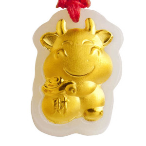 梦克拉 足金3D硬金黄金和田玉金镶玉白玉吊坠 生肖牛 多金牛 黄色