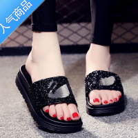 SUNTEK夏季拖鞋女厚底防滑松糕跟一字拖外穿水钻海边沙滩