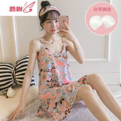 睡裙女夏季甜美印花睡裙带胸垫学生可爱清新薄款连衣裙子费琳