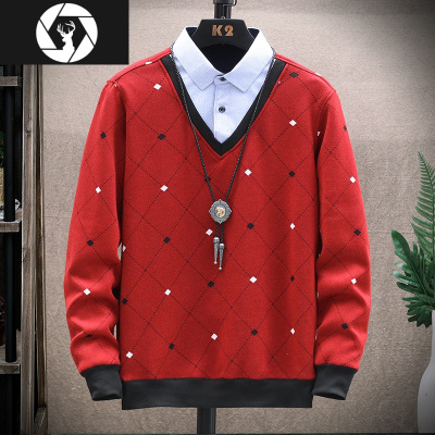 HongZun冬季加绒加厚保暖针织衫男士假两件提花毛衣内搭外穿大红色线衣潮毛衣