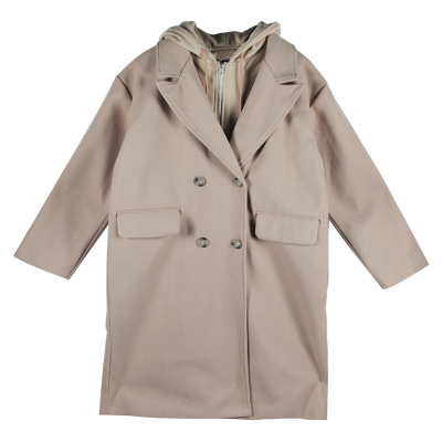 FISHBASKET韩版宽松假两件毛呢外套女装2020新款夹棉中长款长袖呢子大衣毛呢外套