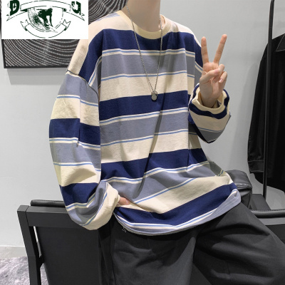 HLCOMAN条纹卫衣男ins潮流长袖圆领无帽宽松衣服韩版春秋情侣装春装上衣卫衣