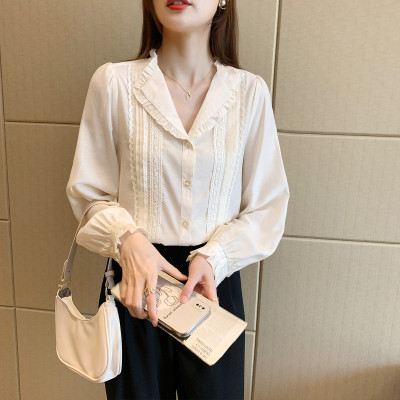 [3件8.5折50.2元,叠加优惠券]唐狮秋季新款女翻领木耳边长袖衬衫百搭上衣别致潮流时髦减龄