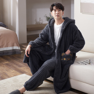 长毛袍睡衣冬季珊瑚绒男士加厚加绒法兰绒连帽家居服冬天保暖套装