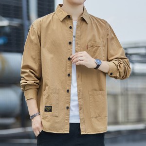 棉质宽松版春秋季长袖衬衫男士港风工装青年长袖衬衫外套