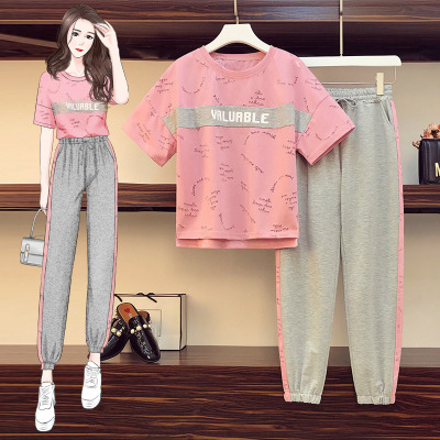 闪洛运动两件套装女时尚2021春夏韩版宽松跑步休闲短袖上衣