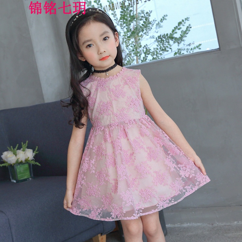 锦铭七玥2018夏季新款韩版女童装花领漏背无袖中儿童连衣童裙