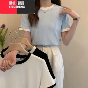 YIBUSHENG冰丝正肩短袖t恤女季新款百搭显瘦设计感螺纹打底衫女半袖上衣