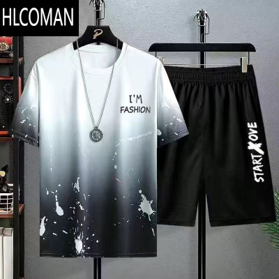 HLCOMAN男士夏季冰丝套装潮牌t恤短袖短裤渐变色休闲运动衣服男装套