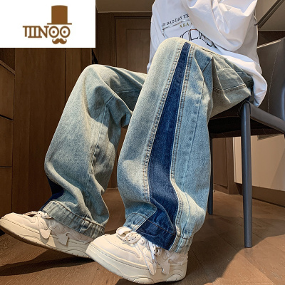 YANXU2023年牛仔裤男直筒宽松潮牌阔腿裤美式复古设计感小众裤子