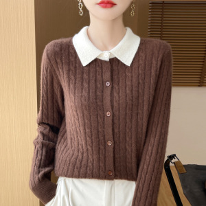 法式复古麻花撞色POLO领假两件针织开衫女短外套毛衣秋冬叠穿上衣