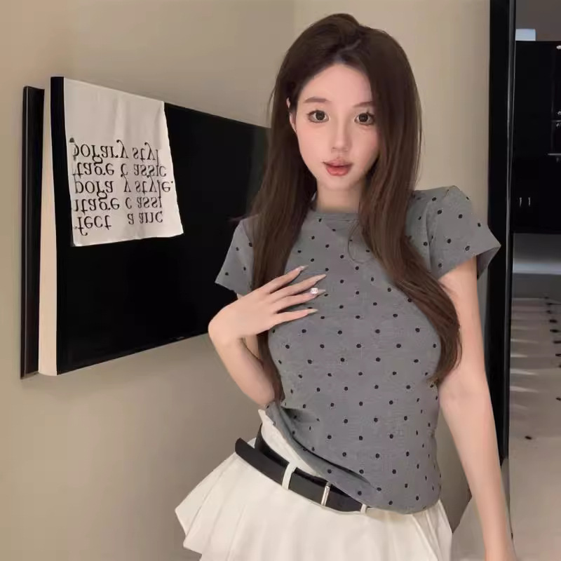 复古波点圆领短袖T恤女装夏季短款修身显瘦内搭休闲学生上衣_1