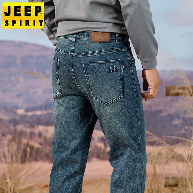 JEEP SPIRIT秋冬新款男士品牌牛仔裤怀旧蓝直筒弹力中腰刺绣