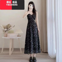 YIBUSHENG黑色抹胸雪纺碎花吊带连衣裙女季茶歇法式气质收腰开叉长裙裙子