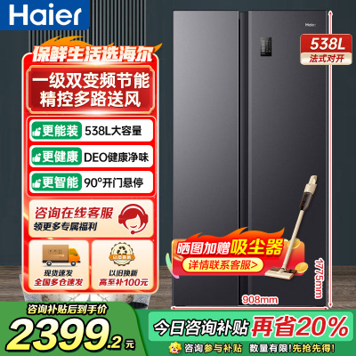 海尔(Haier)538升对开门嵌入冰箱 一级双变频节能 精控多路送风 智+魔方视窗 BCD-538WGHSSEDB9