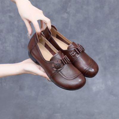 女鞋新款春秋一脚蹬单鞋女头层牛皮软底大码平底鞋复古小皮鞋