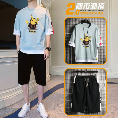 狮臣SHICHEN休闲运动套装男士2020年夏季新款五分裤短袖T恤套装男潮流两件套男运动短袖T恤套装男装TZ2533湖蓝色L
