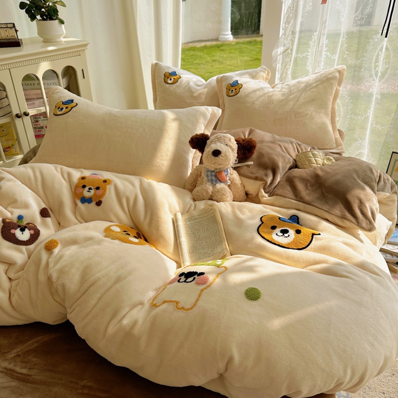 牛奶绒毛巾绣四件套新款冬天保暖床上用品加厚双面绒单被套件