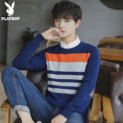 花花公子新款男士圆领毛衣秋冬款休闲流青年帅气条纹针织衫