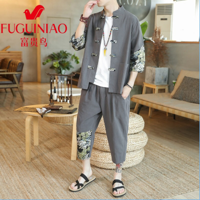 富贵鸟2021年新款男士套装拼色夏季新款中国风唐装潮牌仿亚麻短袖T恤男青年长裤休闲棉麻短裤两件套潮