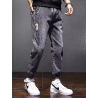 牛仔裤男士秋季束脚拼接哈伦裤宽松韩版潮流裤子