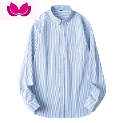 七斓蓝白细条纹复古牛津纺衬衫日系宽松休闲百搭长袖衬衣男女同款