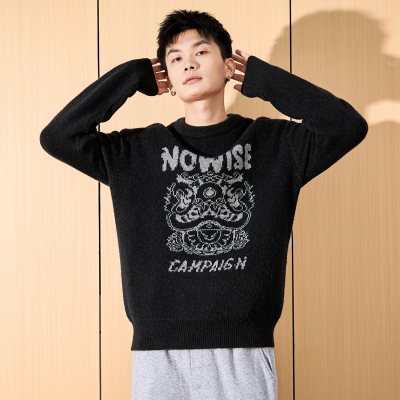 [3件8.5折127.4元,叠加优惠券]唐狮冬季新款男士毛衣男圆领前胸大图案提花醒狮国潮上衣宽松