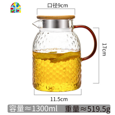 大容量凉水壶玻璃可高温防爆家用冷水壶凉水杯带把泡茶壶套装扎壶 FENGHOU 2000ML锤纹冷水壶