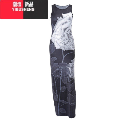 YIBUSHENG欧美风复古玫瑰印花修身气质包臀长裙女街头辣妹别致背心连衣裙